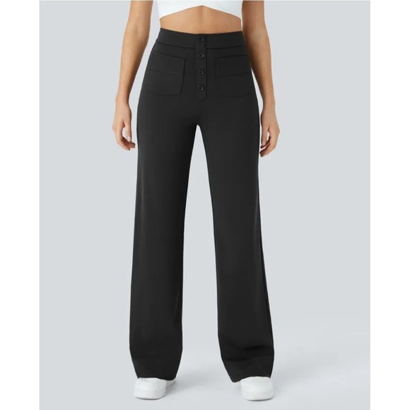 Halara High Waist Button Multiple Pockets Straight Leg Casual Pants Black M Tall - Picture 1 of 9